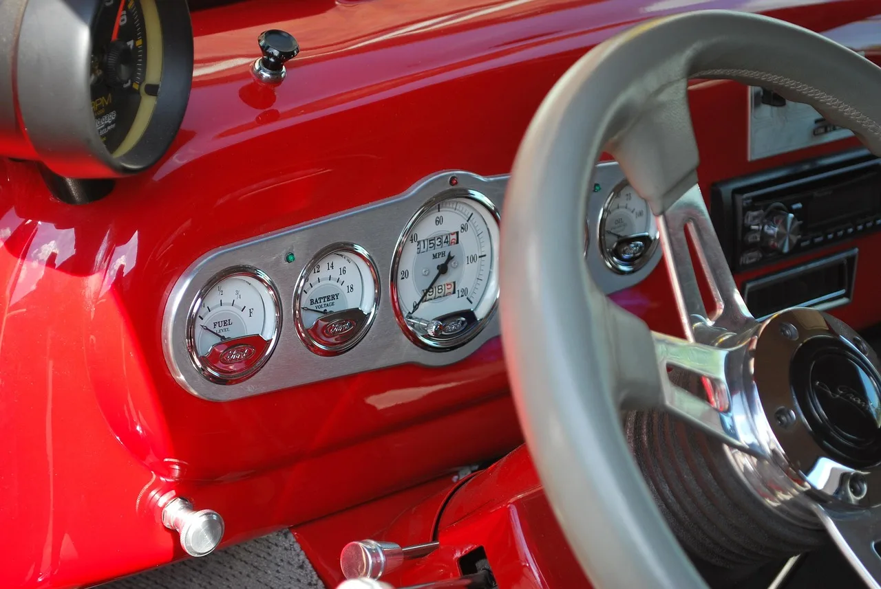 automobile, dashboard, speedometer, voltmeter, gasoline meter, antique car, mileage display, ford, transport system, ride, vehicle, red. How IRS Publication 463 defines a business mileage log for US taxpayers