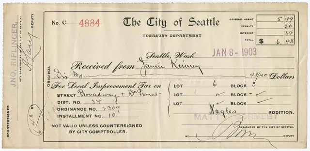 This January 8, 1903 receipt from the City of Seattle, Treasury Department was issued to a Jennie Kinney for a payment of $6.43. The fee was for the Local Improvement Tax, used to create roads, pavement, and sidewalks in Seattle. This payment was for Lot Six, Block Three, and the Street was Broadway. Tax recordkeeping checks: capture, close, retain, and file with support