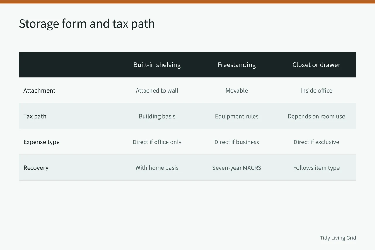Comparison table of built-in, freestanding and closet storage tax treatment (Tax treatment of US home office storage under IRS rules)