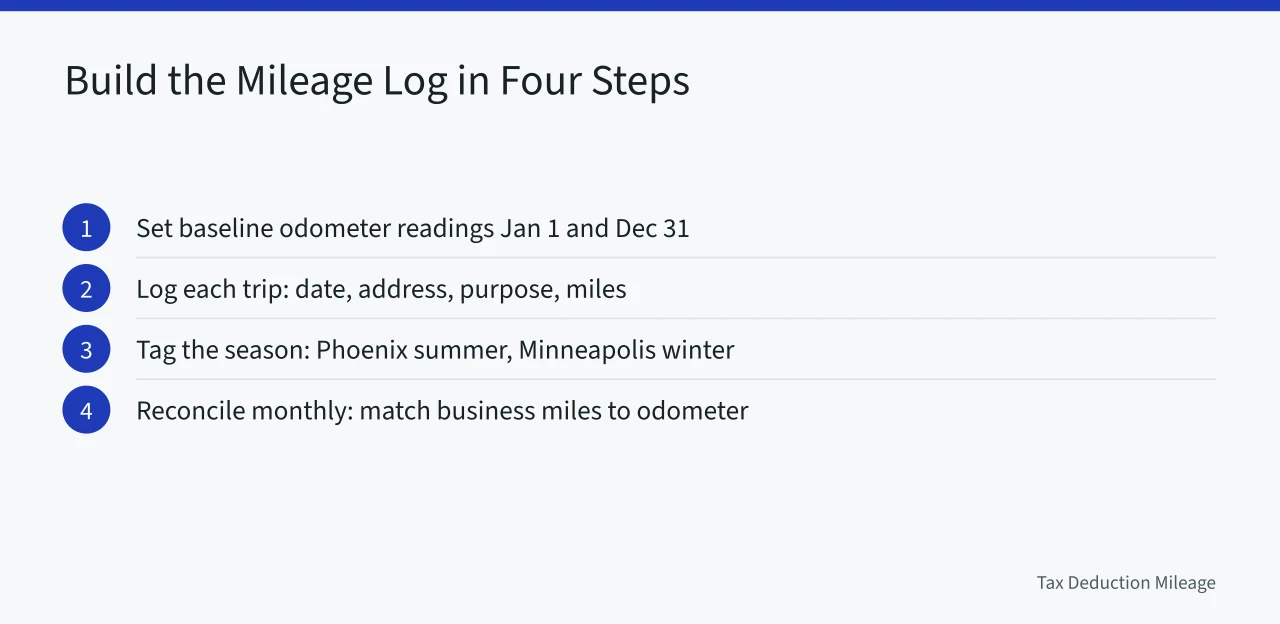 Four-step checklist for building an audit-ready mileage log (Mileage Deductions for Real Estate Agents in Phoenix and Minneapolis)